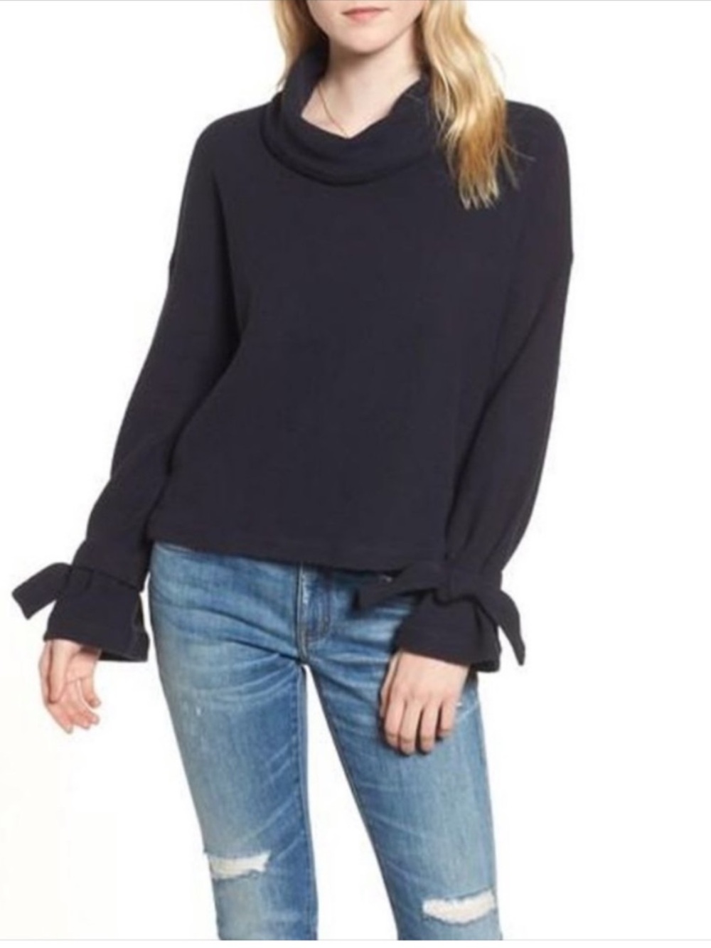 Madewell Women Navy Pullover Cowl Neck Sweater Mock Tie Cuffs size M